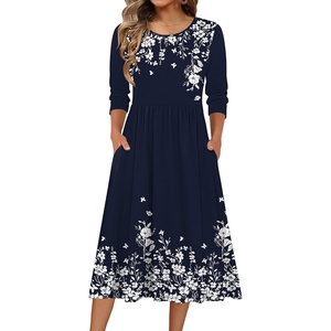 Zeagoo 3/4 Sleeve Women’s Dress Casual Aline Summer Fall Midi Long Dresses(Navy Blue Floral)