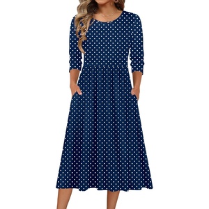 Zeagoo 3/4 Sleeve Women’s Dress Casual Aline Summer Fall Midi Long Dresses(Navy Round Dot)