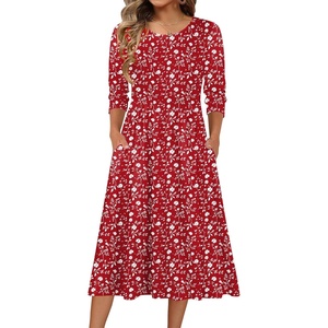 Zeagoo 3/4 Sleeve Women’s Dress Casual Aline Summer Fall Midi Long Dresses(Red Floral)
