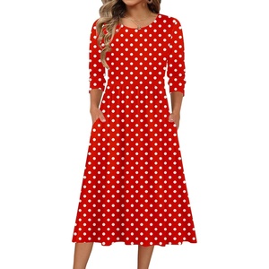 Zeagoo 3/4 Sleeve Women’s Dress Casual Aline Summer Fall Midi Long Dresses(Red Round Dot)