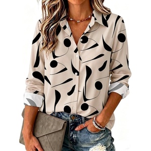 Zeagoo Blouse for Women Dressy Long Sleeve Button Down Shirts V Neck Tops(Geometric Beige 602)