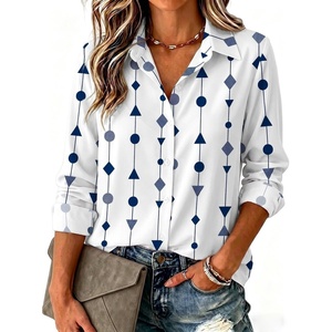Zeagoo Blouse for Women Dressy Long Sleeve Button Down Shirts V Neck Tops(Geometric White 599)