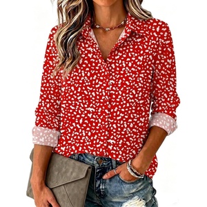 Zeagoo Blouse for Women Dressy Long Sleeve Button Down Shirts V Neck Tops(Polka Dot Red 590)