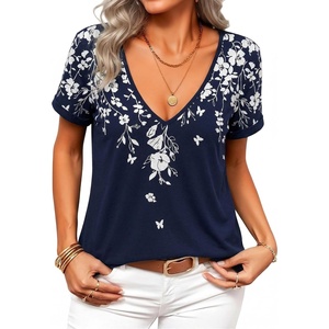 Zeagoo Sexy Tops for Women Deep V Neck Shirts Summer Tops Low Cut Tshirts(Sf103 Boho)