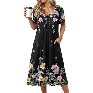 Zeagoo Summer Casual Dress for Womens Floral Midi Sundress with Pockets(Black Floral-1)