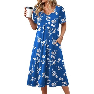 Zeagoo Summer Casual Dress for Womens Floral Midi Sundress with Pockets(Blue Floral-1)