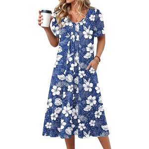 Zeagoo Summer Casual Dress for Womens Floral Midi Sundress with Pockets(Blue White Floral)