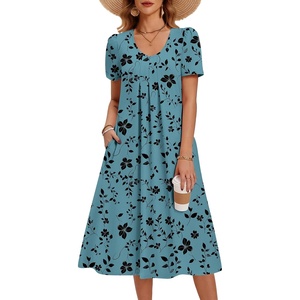 Zeagoo Summer Casual Dress for Womens Floral Midi Sundress with Pockets(Leaf-printed)