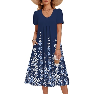 Zeagoo Summer Casual Dress for Womens Floral Midi Sundress with Pockets(Navy Floral)