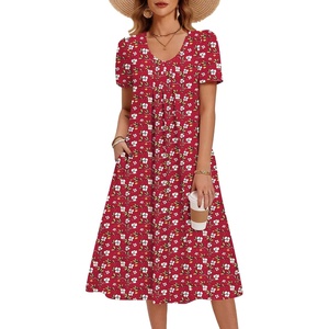 Zeagoo Summer Casual Dress for Womens Floral Midi Sundress with Pockets(Red Floral)