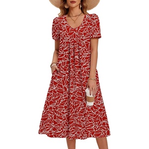 Zeagoo Summer Casual Dress for Womens Floral Midi Sundress with Pockets(Red Printed)