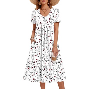 Zeagoo Summer Casual Dress for Womens Floral Midi Sundress with Pockets(White Floral-1)