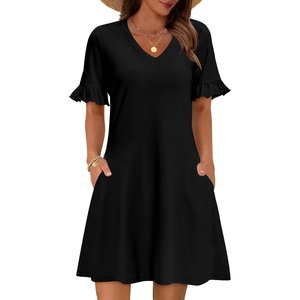 Zeagoo Summer Casual Dresses for Women A Line Sun Dress Ruffle Short Sleeve V Neck Floral Tshirt Dress with Pockets(Black)