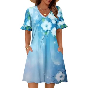 Zeagoo Summer Casual Dresses for Women A Line Sun Dress Ruffle Short Sleeve V Neck Floral Tshirt Dress with Pockets(Blue White Floral)