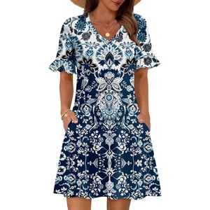 Zeagoo Summer Casual Dresses for Women A Line Sun Dress Ruffle Short Sleeve V Neck Floral Tshirt Dress with Pockets(Boho-printed)