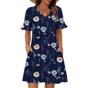 Zeagoo Summer Casual Dresses for Women A Line Sun Dress Ruffle Short Sleeve V Neck Floral Tshirt Dress with Pockets(Dark Blue Floral)