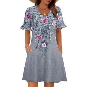 Zeagoo Summer Casual Dresses for Women A Line Sun Dress Ruffle Short Sleeve V Neck Floral Tshirt Dress with Pockets(Grey Red Floral)