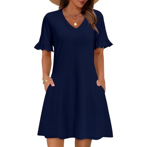 Zeagoo Summer Casual Dresses for Women A Line Sun Dress Ruffle Short Sleeve V Neck Floral Tshirt Dress with Pockets(Navy Blue)