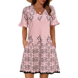 Zeagoo Summer Casual Dresses for Women A Line Sun Dress Ruffle Short Sleeve V Neck Floral Tshirt Dress with Pockets(Pink-printed)