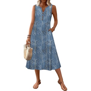 Zeagoo Summer Dress for Women 2026 Sleeveless Tank Midi Dress Vacation Beach Sundress Aline Boho Clothing(Blue Plants)