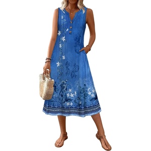 Zeagoo Summer Dress for Women 2026 Sleeveless Tank Midi Dress Vacation Beach Sundress Aline Boho Clothing(Blue Print)