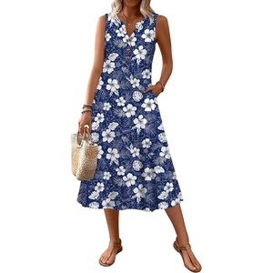 Zeagoo Summer Dress for Women 2026 Sleeveless Tank Midi Dress Vacation Beach Sundress Aline Boho Clothing(Navy Hawaiian Floral)