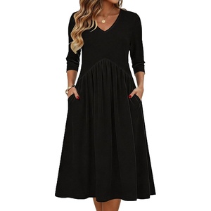 Zeagoo Summer Dresses for Women 2026 3/4 Sleeve Casual Midi Tshirt Dresses(01 Solid Black)