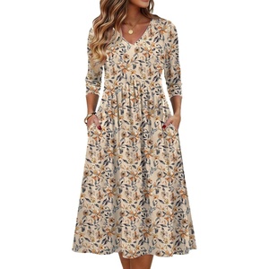 Zeagoo Summer Dresses for Women 2026 3/4 Sleeve Casual Midi Tshirt Dresses(Beige)