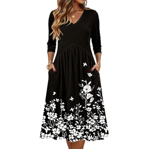 Zeagoo Summer Dresses for Women 2026 3/4 Sleeve Casual Midi Tshirt Dresses(Black Floral)