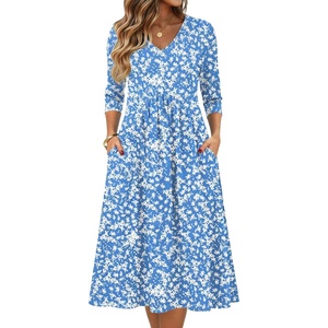 Zeagoo Summer Dresses for Women 2026 3/4 Sleeve Casual Midi Tshirt Dresses(Blue Floral Xh41)