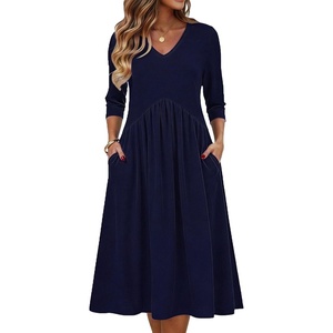 Zeagoo Summer Dresses for Women 2026 3/4 Sleeve Casual Midi Tshirt Dresses(Solid Navy)