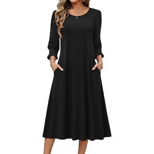 Zeagoo Summer Dresses for Women 2026 3/4 Sleeve Dress for Women Floral Midi Dresses for Casual Womens Dresses with Pockets(Black)