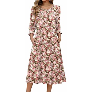 Zeagoo Summer Dresses for Women 2026 3/4 Sleeve Dress for Women Floral Midi Dresses for Casual Womens Dresses with Pockets(C-floral-wf87-new)