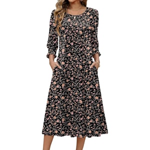 Zeagoo Summer Dresses for Women 2026 3/4 Sleeve Dress for Women Floral Midi Dresses for Casual Womens Dresses with Pockets(C-floral-xh532-new)