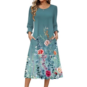 Zeagoo Summer Dresses for Women 2026 3/4 Sleeve Dress for Women Floral Midi Dresses for Casual Womens Dresses with Pockets(Floral-wf115)