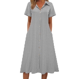 Zeagoo Summer Dresses for Women 2026 Button Down Shirt Dresses Aline Long Sundress Short Sleeve Beach Travel Cover Up(A01-black Stripe)