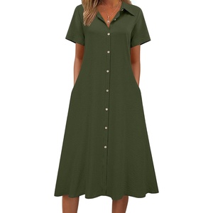 Zeagoo Summer Dresses for Women 2026 Button Down Shirt Dresses Aline Long Sundress Short Sleeve Beach Travel Cover Up(Army Green)