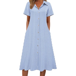 Zeagoo Summer Dresses for Women 2026 Button Down Shirt Dresses Aline Long Sundress Short Sleeve Beach Travel Cover Up(Blue Stripe)