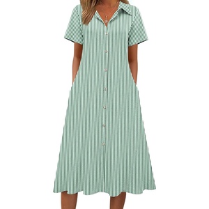 Zeagoo Summer Dresses for Women 2026 Button Down Shirt Dresses Aline Long Sundress Short Sleeve Beach Travel Cover Up(Green Stripe)