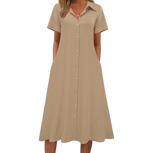 Zeagoo Summer Dresses for Women 2026 Button Down Shirt Dresses Aline Long Sundress Short Sleeve Beach Travel Cover Up(Khaki)