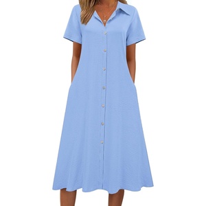 Zeagoo Summer Dresses for Women 2026 Button Down Shirt Dresses Aline Long Sundress Short Sleeve Beach Travel Cover Up(Light Blue)