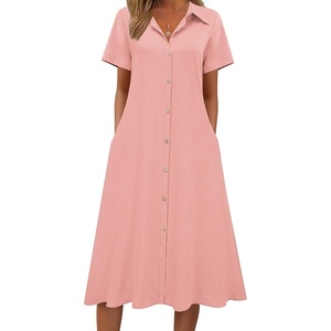 Zeagoo Summer Dresses for Women 2026 Button Down Shirt Dresses Aline Long Sundress Short Sleeve Beach Travel Cover Up(Pink)