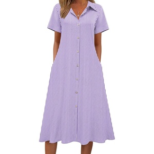 Zeagoo Summer Dresses for Women 2026 Button Down Shirt Dresses Aline Long Sundress Short Sleeve Beach Travel Cover Up(Purple Stripe)