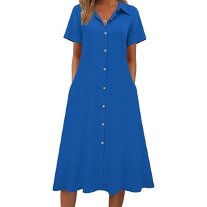 Zeagoo Summer Dresses for Women 2026 Button Down Shirt Dresses Aline Long Sundress Short Sleeve Beach Travel Cover Up(Royal Blue)