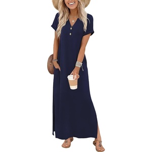 Zeagoo Summer Dresses for Women 2026 Maxi Dresses Vacation Sundress Short Sleeve Casual Sundresses Split Dress with Pockets(Blue)
