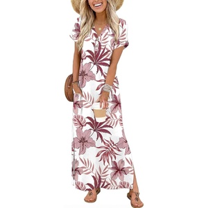 Zeagoo Summer Dresses for Women 2026 Maxi Dresses Vacation Sundress Short Sleeve Casual Sundresses Split Dress with Pockets(Floral-hf70-new)