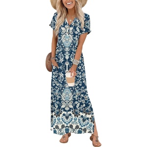 Zeagoo Summer Dresses for Women 2026 Maxi Dresses Vacation Sundress Short Sleeve Casual Sundresses Split Dress with Pockets(Floral-mz924)