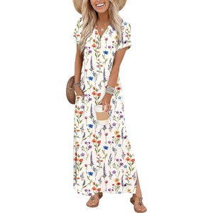 Zeagoo Summer Dresses for Women 2026 Maxi Dresses Vacation Sundress Short Sleeve Casual Sundresses Split Dress with Pockets(Floral-wf109)