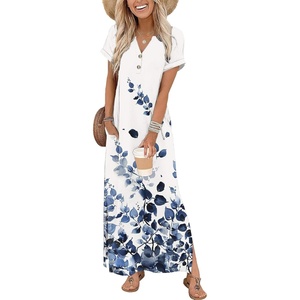 Zeagoo Summer Dresses for Women 2026 Maxi Dresses Vacation Sundress Short Sleeve Casual Sundresses Split Dress with Pockets(Floral-wf118)