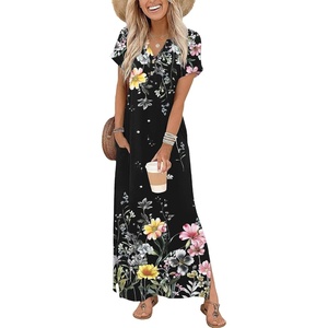 Zeagoo Summer Dresses for Women 2026 Maxi Dresses Vacation Sundress Short Sleeve Casual Sundresses Split Dress with Pockets(Floral-wf120)